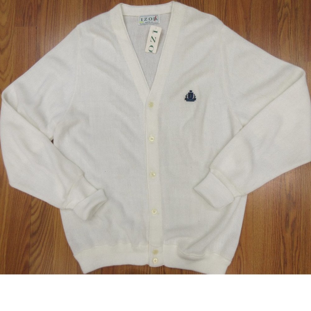 NEW! VTG IZOD ACRYLIC CARDIGAN DEADSTOCK CREAM/OFF-WHITE Sz LARGE, L